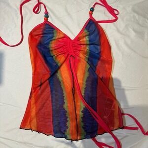 multi-colored mesh cami top